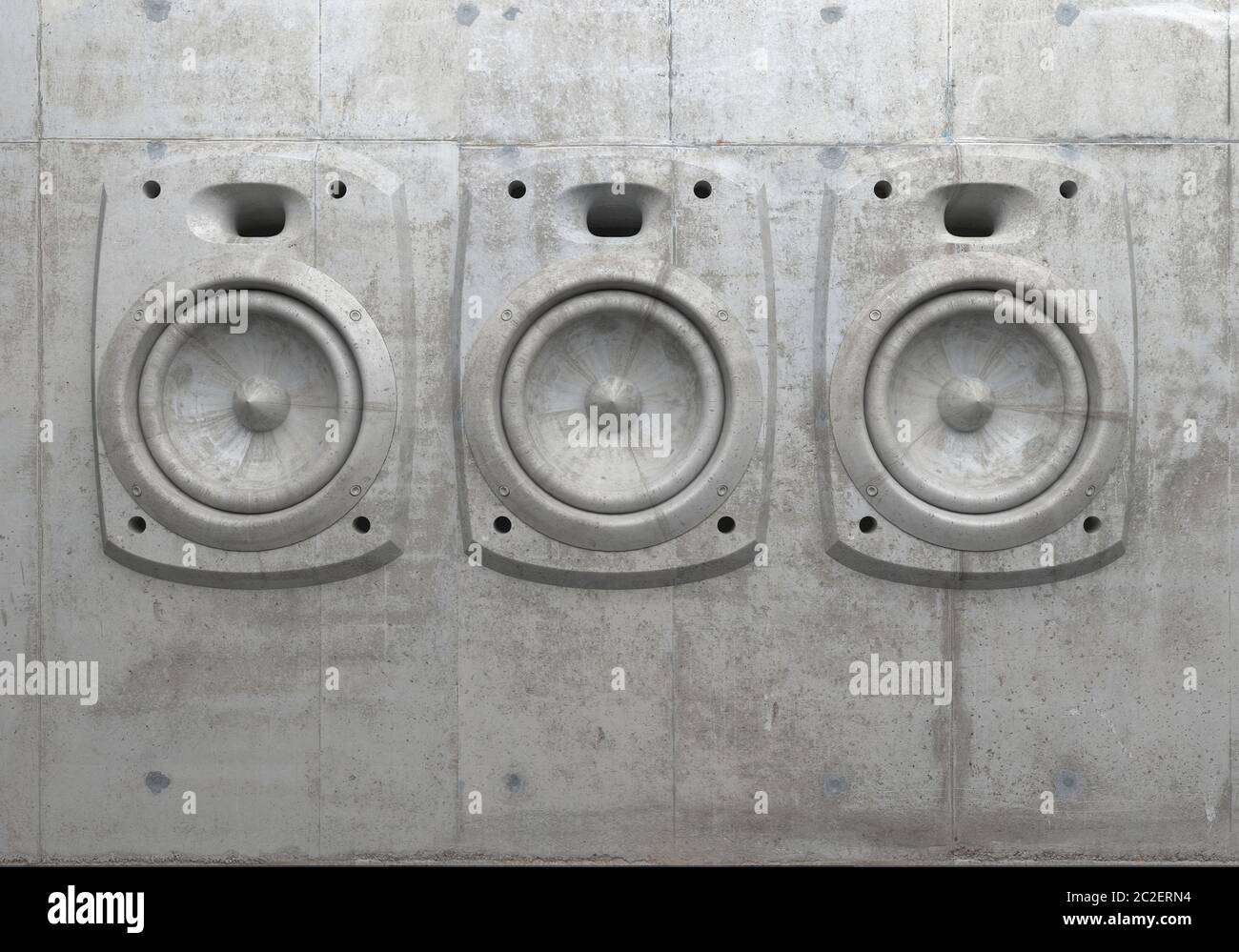 Cement sculpture in the shape of a sound speaker on a concrete facade