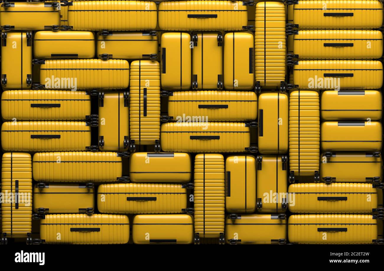 Many identical yellow suitcases on wheels stacked on top of each other. Travel bags are in a heap. 3D rendering illustration Stock Photo