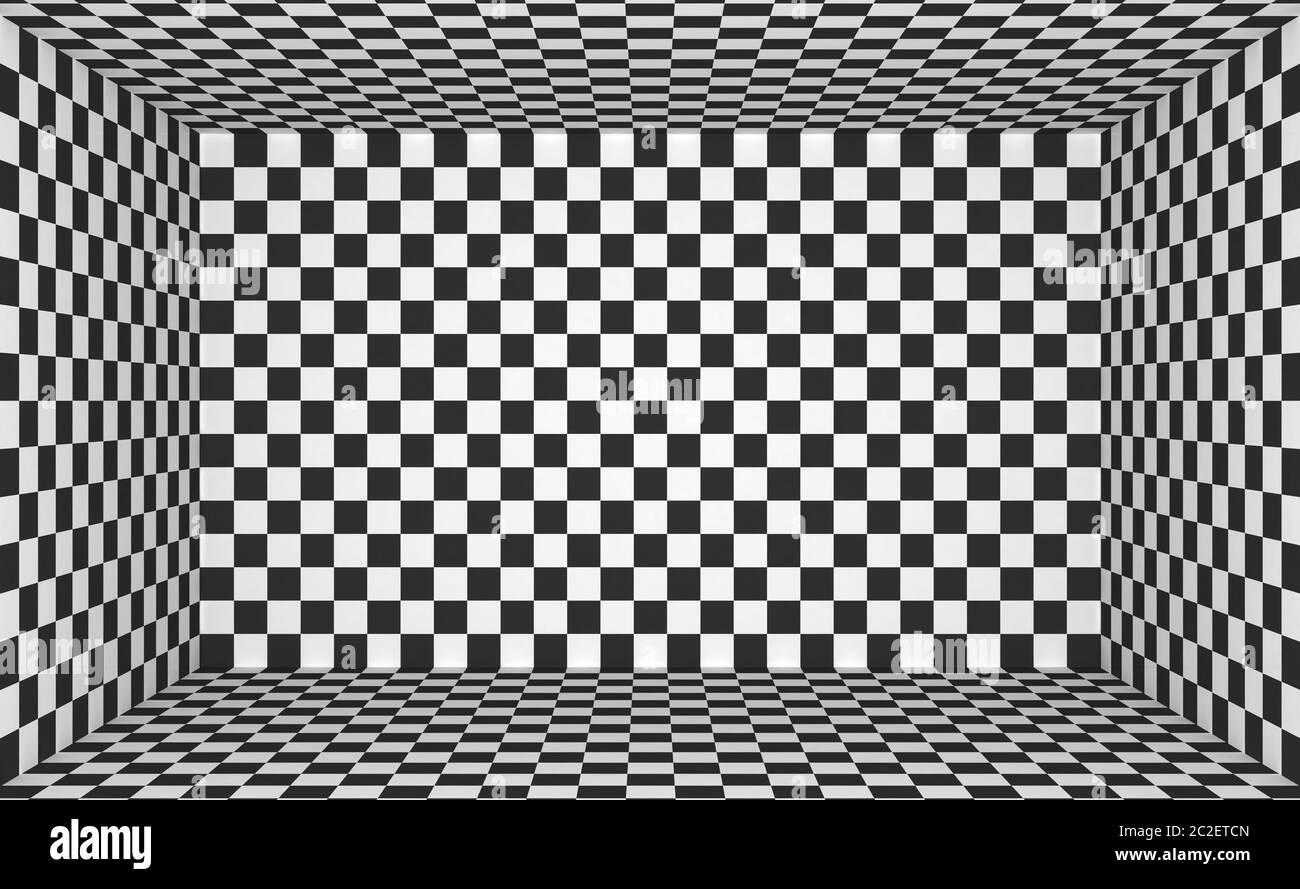 Black and white  interior with a checkerboard pattern. Empty blank room with copy space. 3D rendering.Black and white  interior with a checkerboard pa Stock Photo