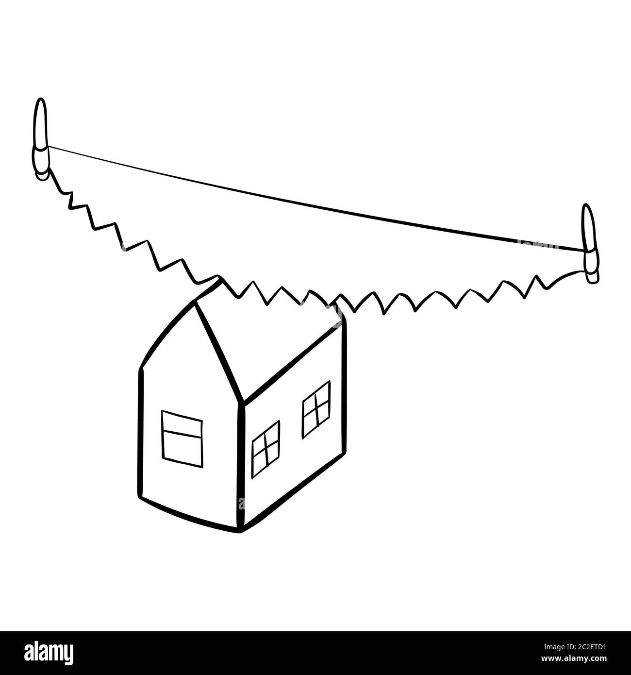 concept of divorce and division of property. saw cuts the house in half. Black and white sketch vector illustration Stock Vector