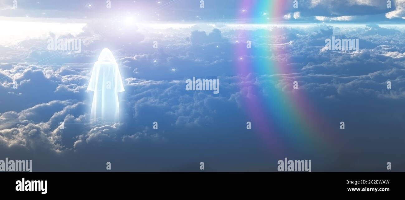 Figure in shining cloak stands on a field of clouds. Purity Stock Photo ...