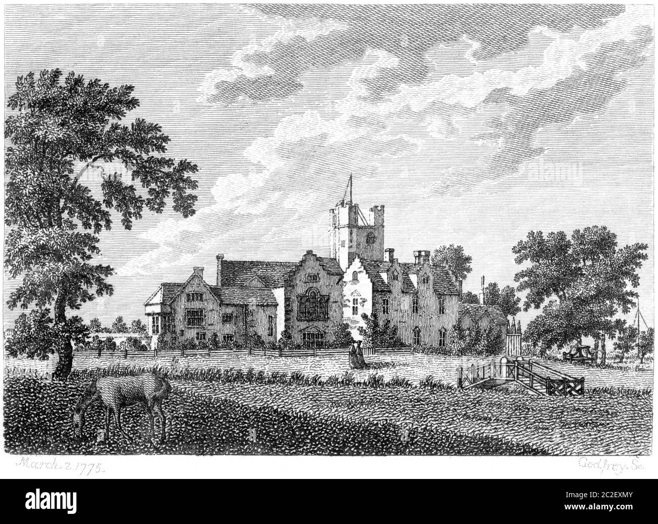 An engraving of Bustlesham or Bysham Monastery (Bisham Abbey) March 2 1775 scanned at high resolution from a book published in the 1770s. Stock Photo