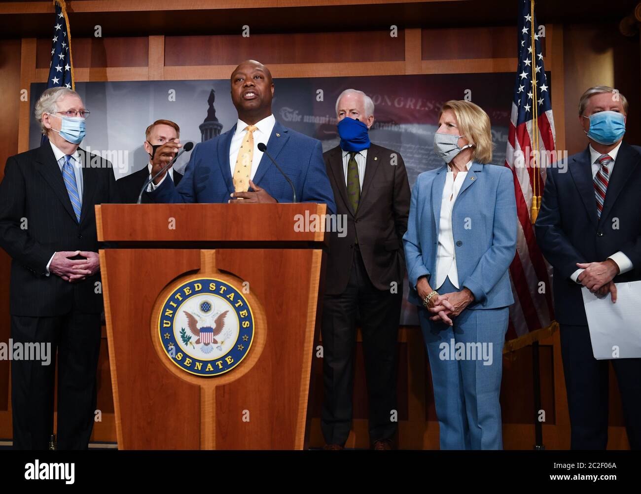 Washington, United States. 17th June, 2020. Sen. Tim Scott speaks at a news conference to announce a Republican police reform bill on Capitol Hill in Washington, DC on Wednesday, June 17, 2020. The bill reforms policing in the United States and it includes provisions to stop police misconduct and the use of excessive force. Photo by Kevin Dietsch/UPI Credit: UPI/Alamy Live News Stock Photo