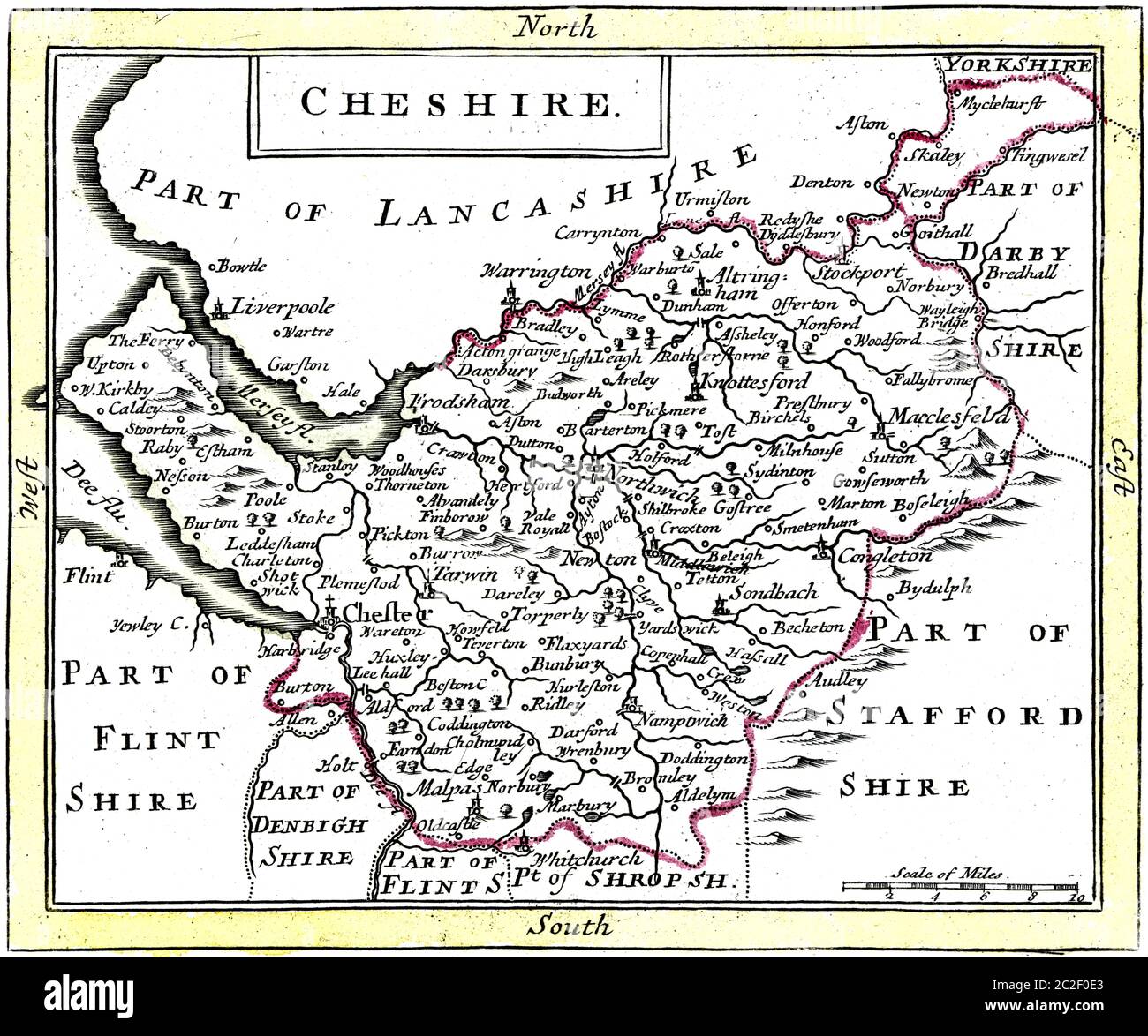 A coloured map of Cheshire scanned at high resolution from a book published in the 1780s. This image is believed to be free of all copyright. Stock Photo