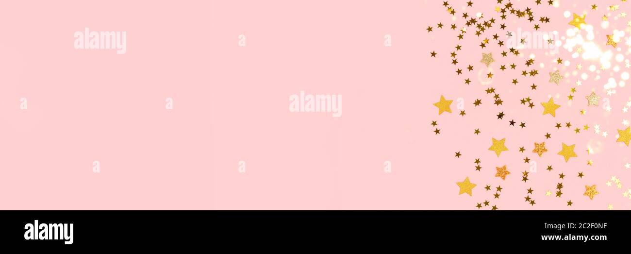 Banner with golden stars confetti on a pink pastel background. Shiny ...