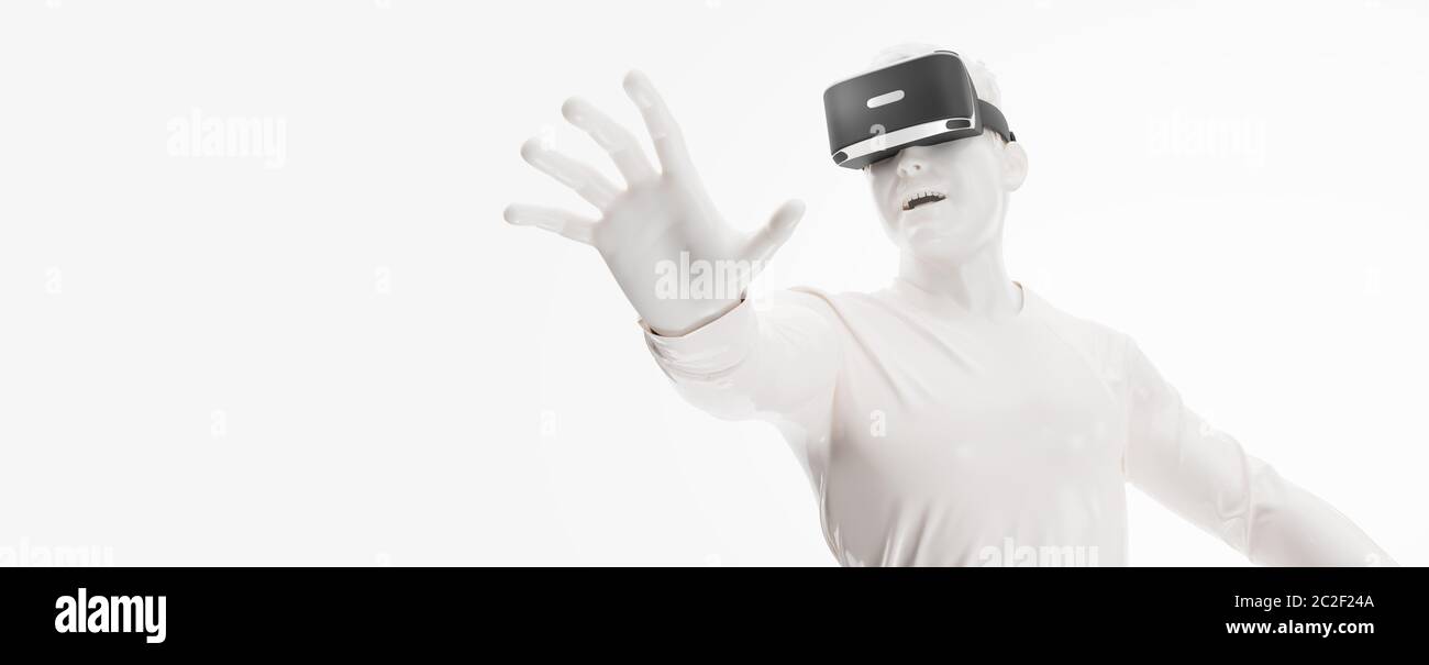 VR headset, technology. 3d render of the man, wearing virtual reality glasses on white background. VR games. You will also find a for this image in my Stock Photo