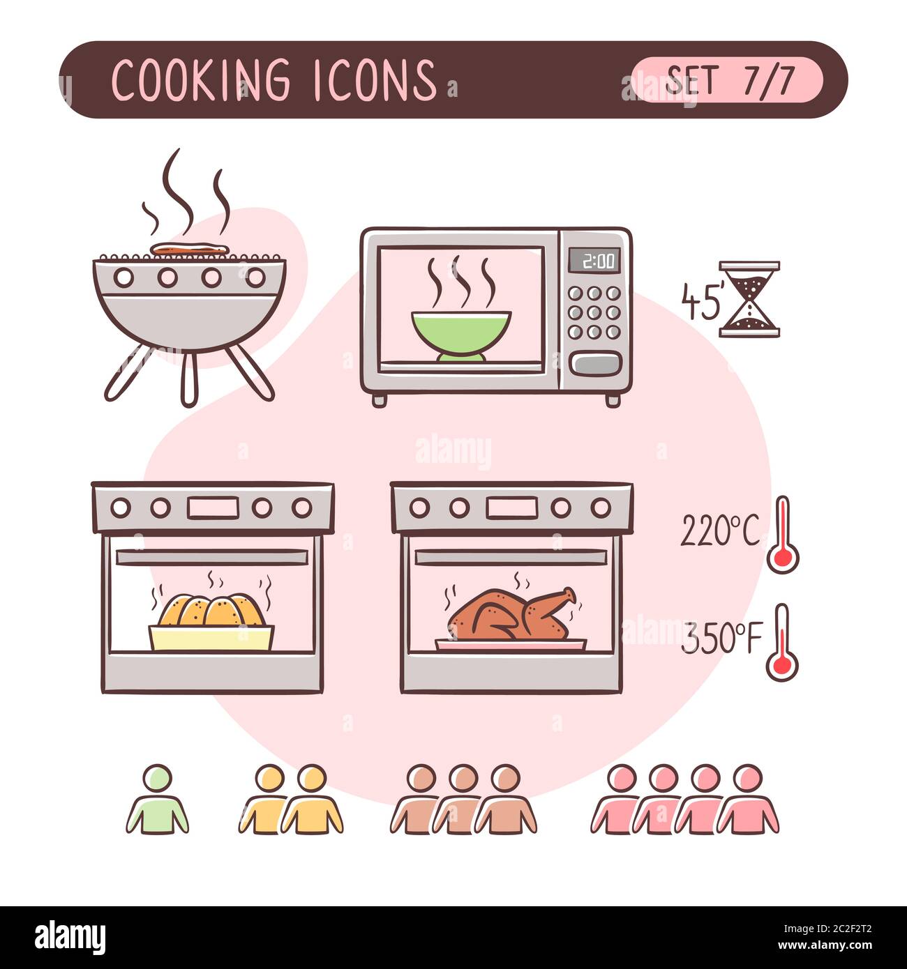 Cooking instructions icon set. Very useful to explain cooking recipes. Colorful hand drawn style. Seventh part of seven images full collection. Stock Vector