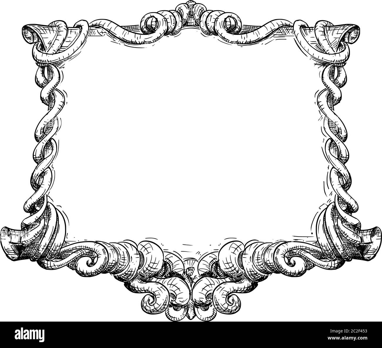 Hand drawn vector of vintage old ornamental frame design of fantasy scroll with decoration around. Stock Vector