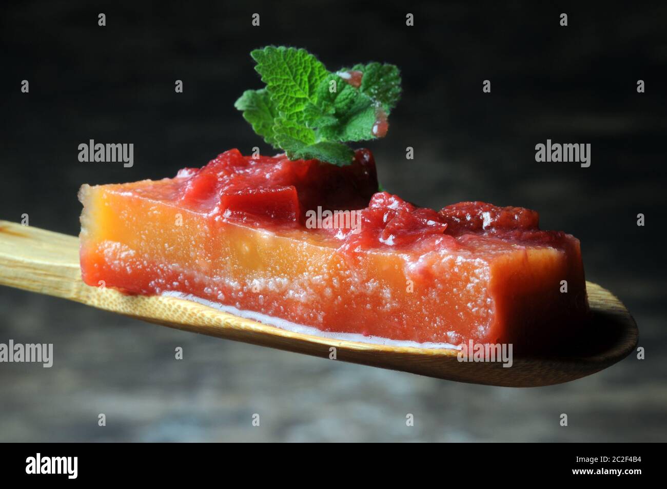 Slice of aspic with peaches Stock Photo