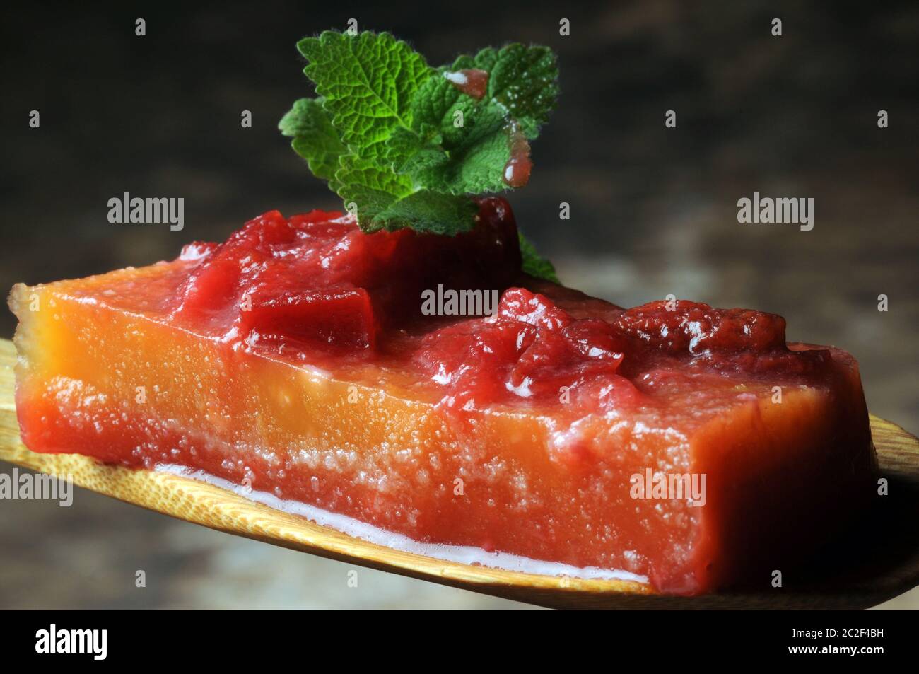 Slice of aspic with peaches Stock Photo