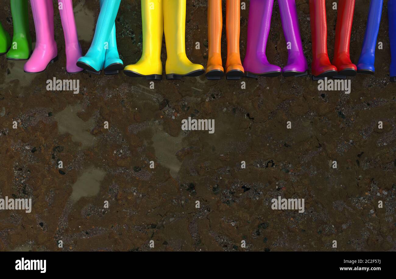 Many human feet in multi-colored rubber boots in slushy wet ground with puddles on a rainy day. Top view. Illustration with copy space. 3D rendering. Stock Photo