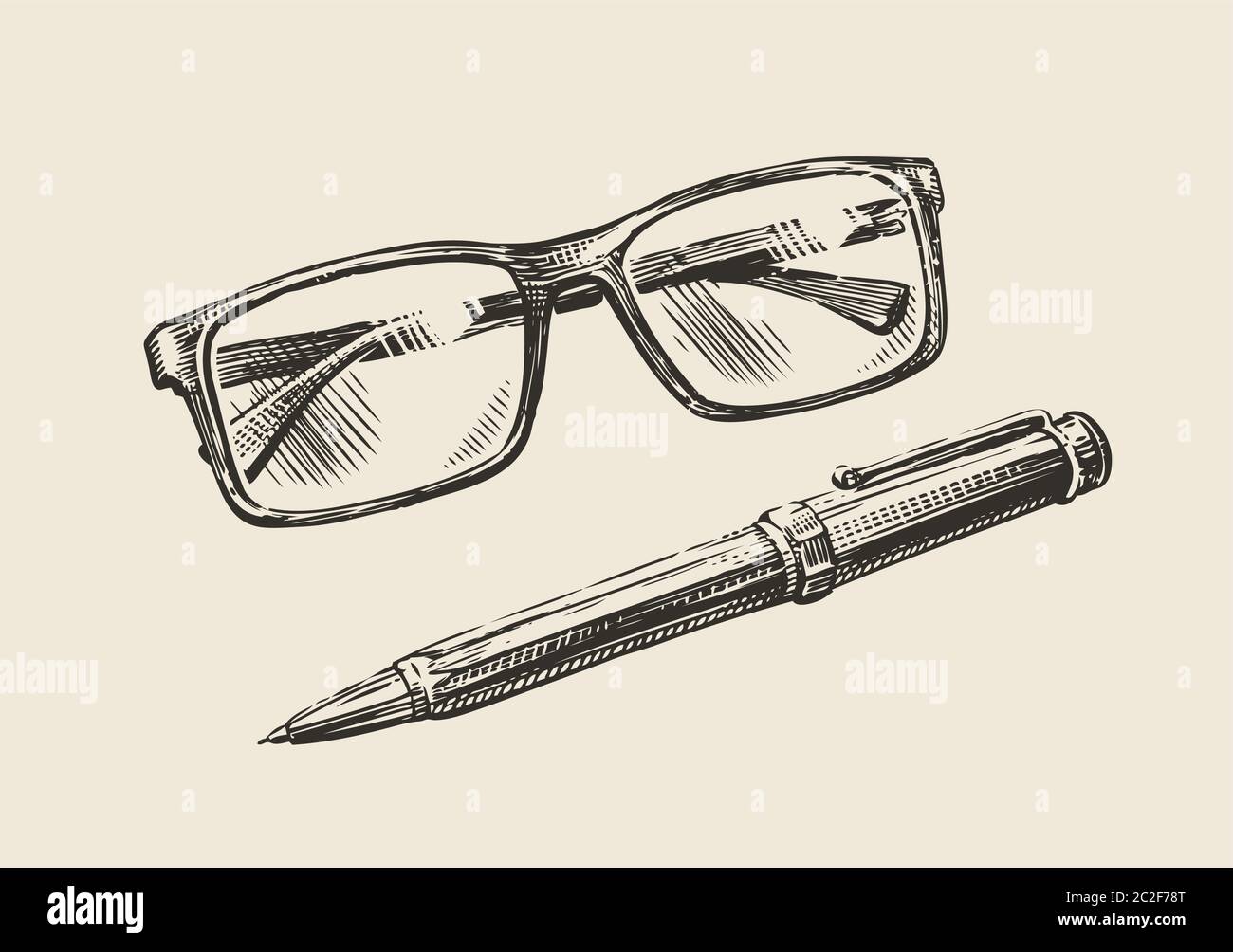 Hand-drawn sketch glasses and pen. Business, education retro vintage vector illustration Stock Vector