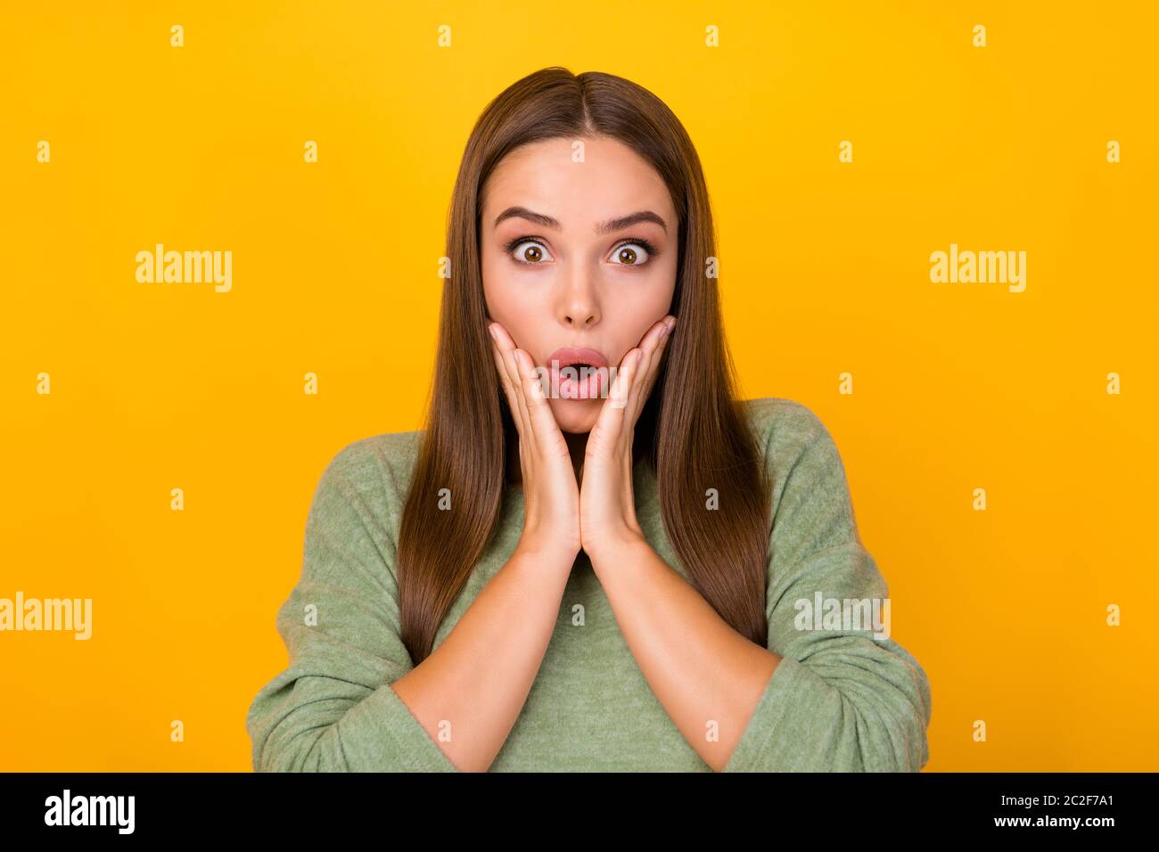 Portrait of astonished impressed girl look good wonderful private ...