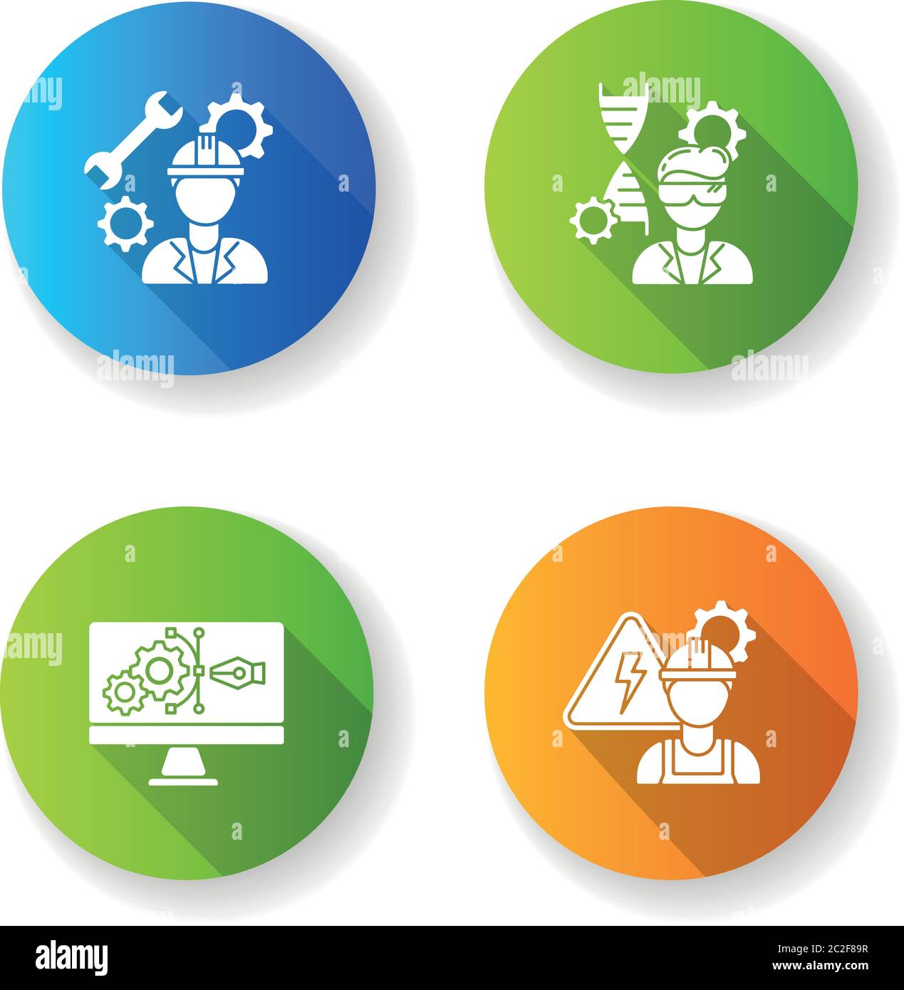 Engineering career type flat design long shadow glyph icons set Stock Vector