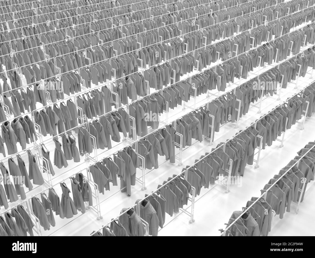 Long rows of similar uniform clothing racks. Featureless monotonous gray clothes. Top view. 3D render illustration Stock Photo
