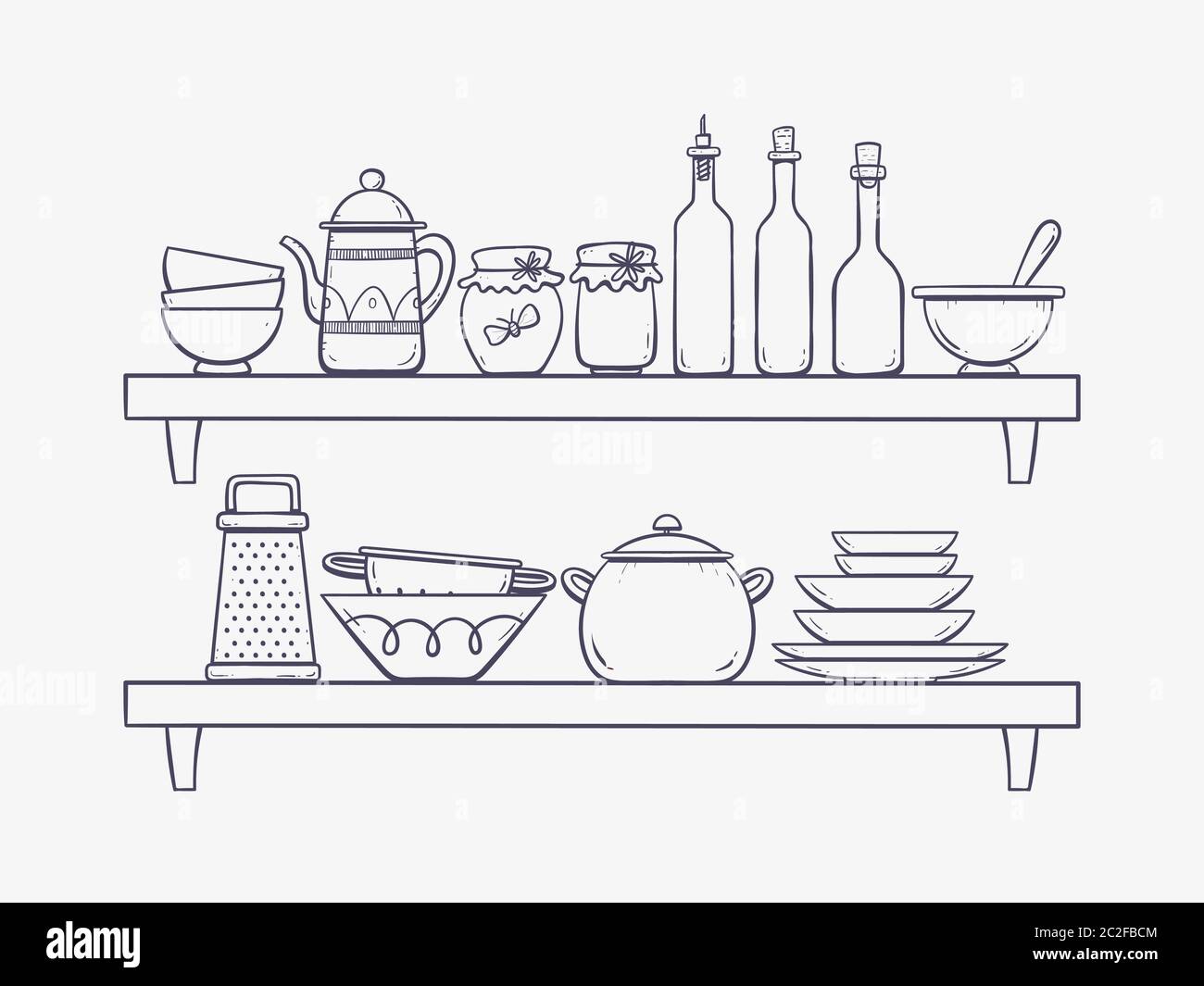 Kitchen supplies on shelves. Two shelves with plates, bottles, teapot, bowls and other kitchenwares. Hand drawn vector illustration isolated on white Stock Vector