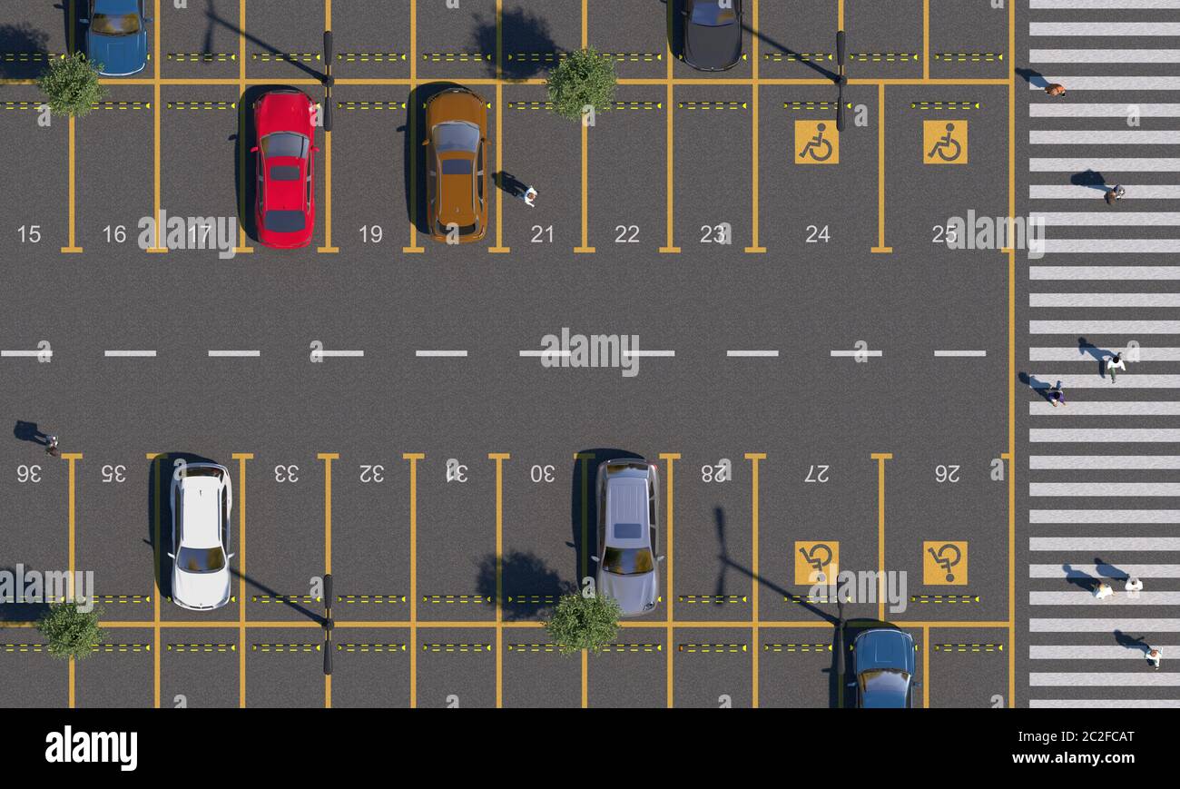 Car parking lot with road markings and numbering parking spaces. Parking with cars, people, pedestrians and pedestrian crossing. Top view. 3D render. Stock Photo