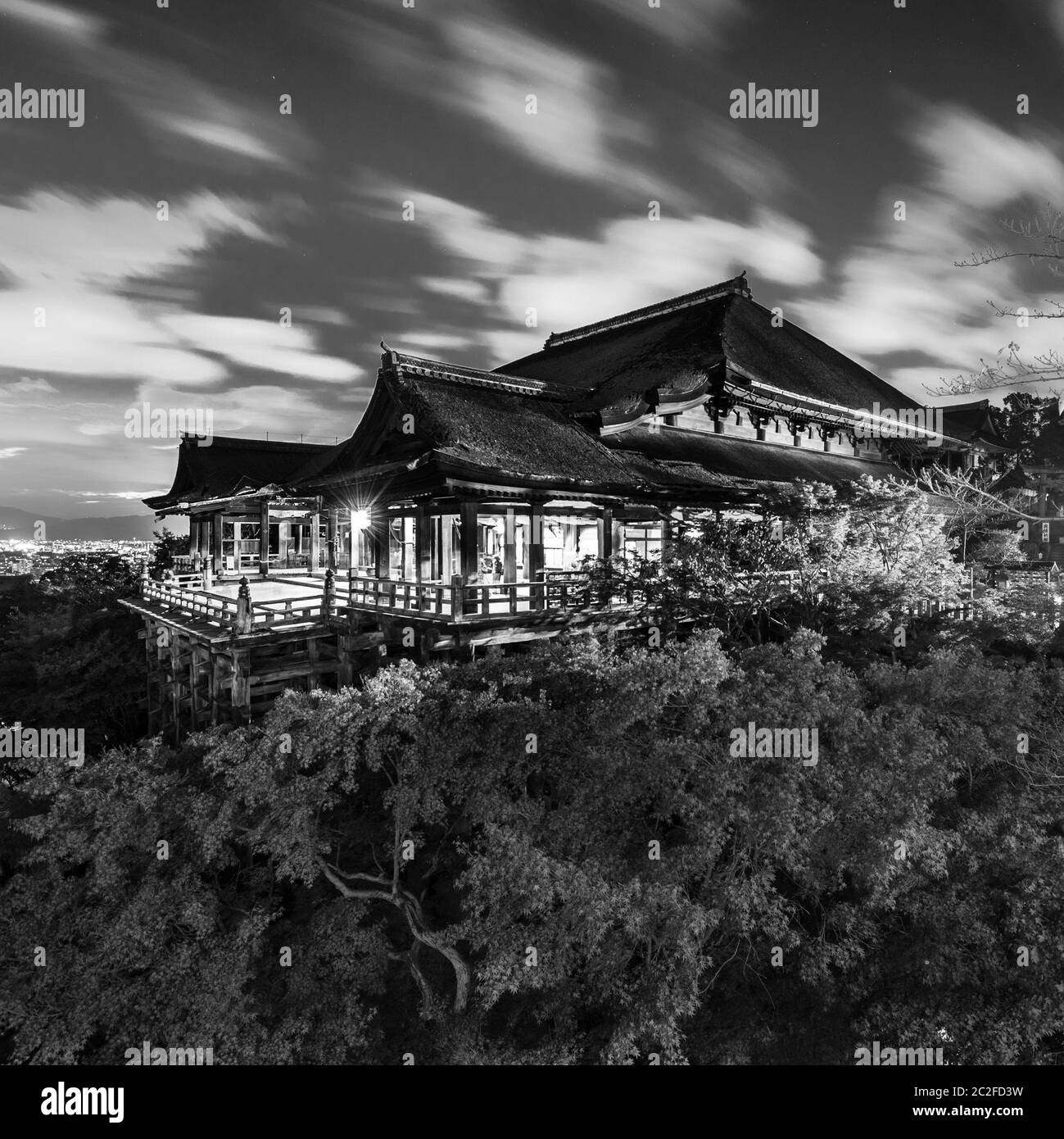 Black and white night photo of Kiyomizu-dera Temple in Kyoto, Japan. Stock Photo