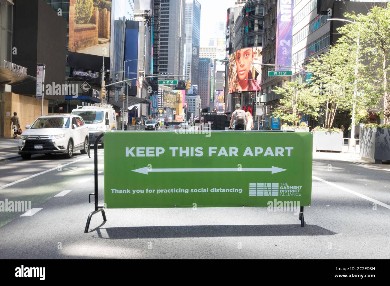 Social Distancing signs are a common sight in New York City due to the coronavirus, USA Stock Photo