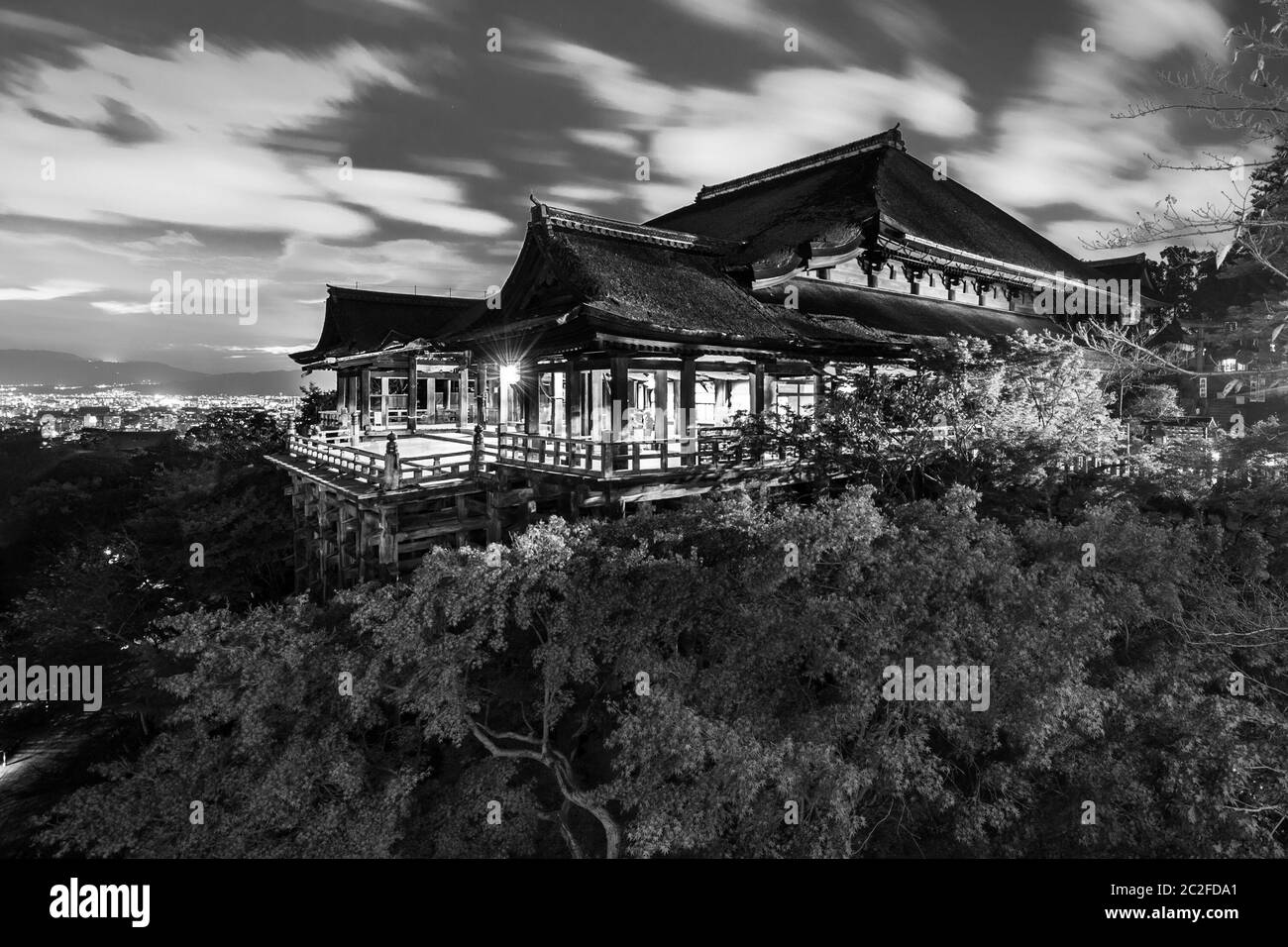 Black and white night photo of Kiyomizu-dera Temple in Kyoto, Japan. Stock Photo