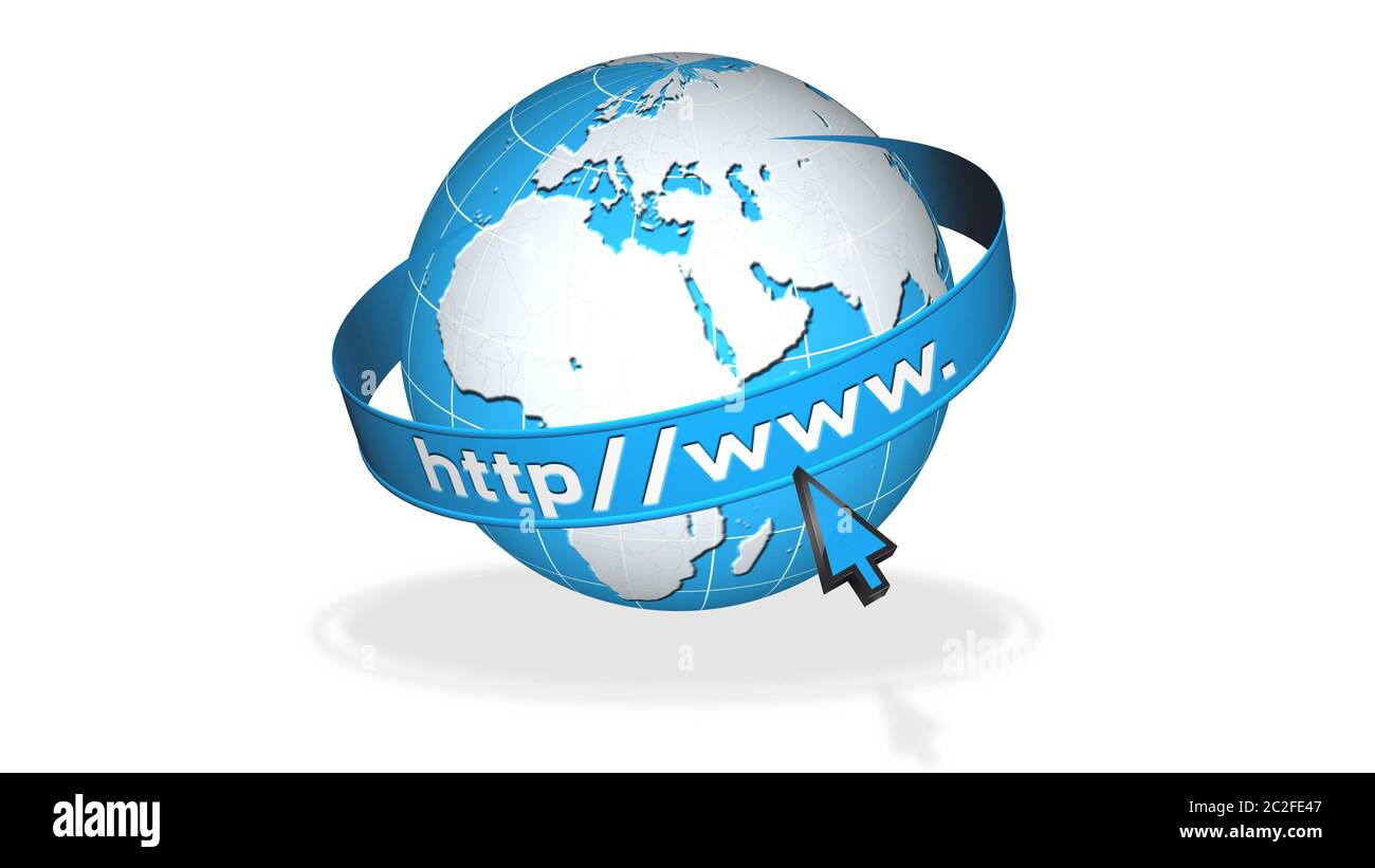 Earth globe with circulating banner and internet text - http www Stock Photo