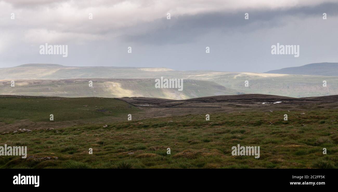 High upland moors surround the valley of Wensleydale in England's Yorkshire Dales hills. Stock Photo