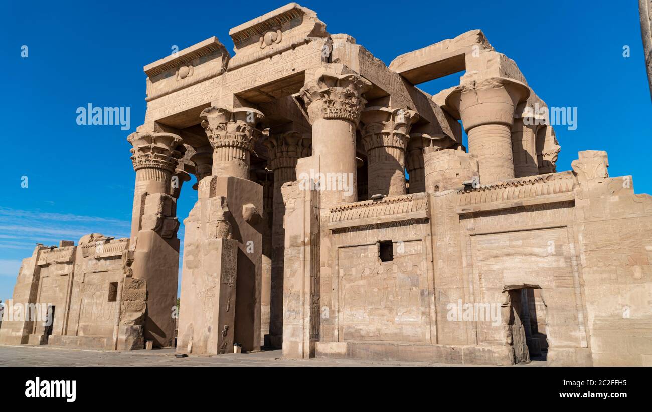 Temple of Kom Ombo. Kom Ombo is an agricultural town in Egypt famous for the Temple of Kom Ombo. It was originally an Egyptian city called Nubt, meani Stock Photo