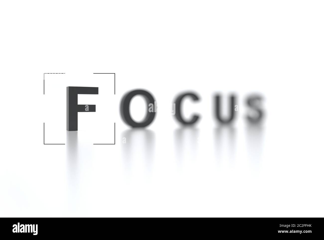The word FOCUS with focus in the foreground and a blurred background. Interface viewfinder. Video camera focusing screen. Camera frame. Creative conce Stock Photo