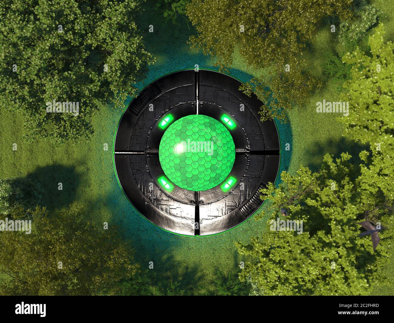 UFO on the green meadow in the forest among the trees. Unknown flying object on grass on the top view. Landed flying saucer. Aerial view. 3D render. Stock Photo