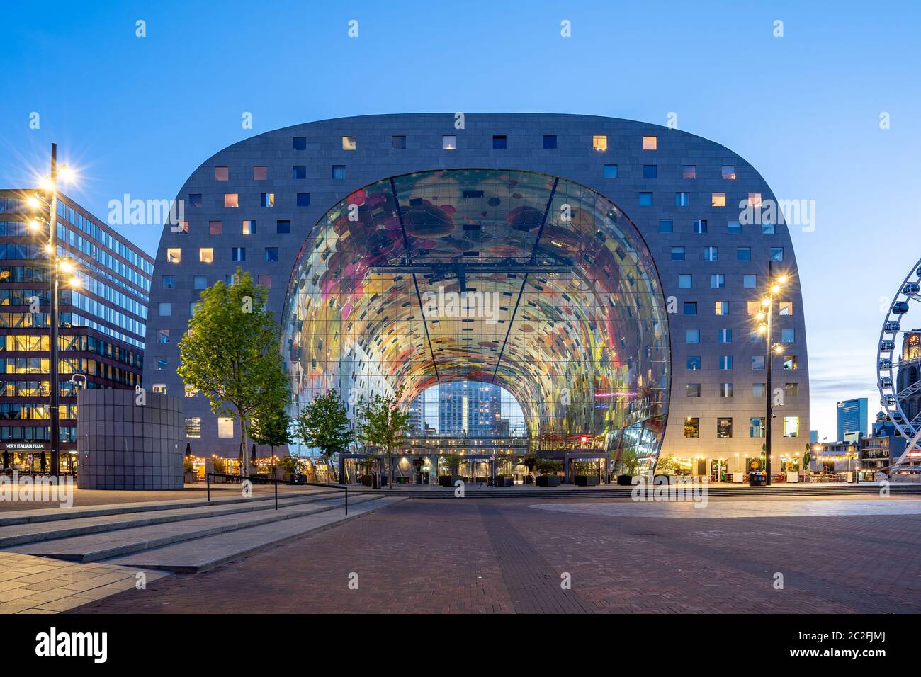 View of Markthal at night in Rotterdam city, Netherlands. Stock Photo