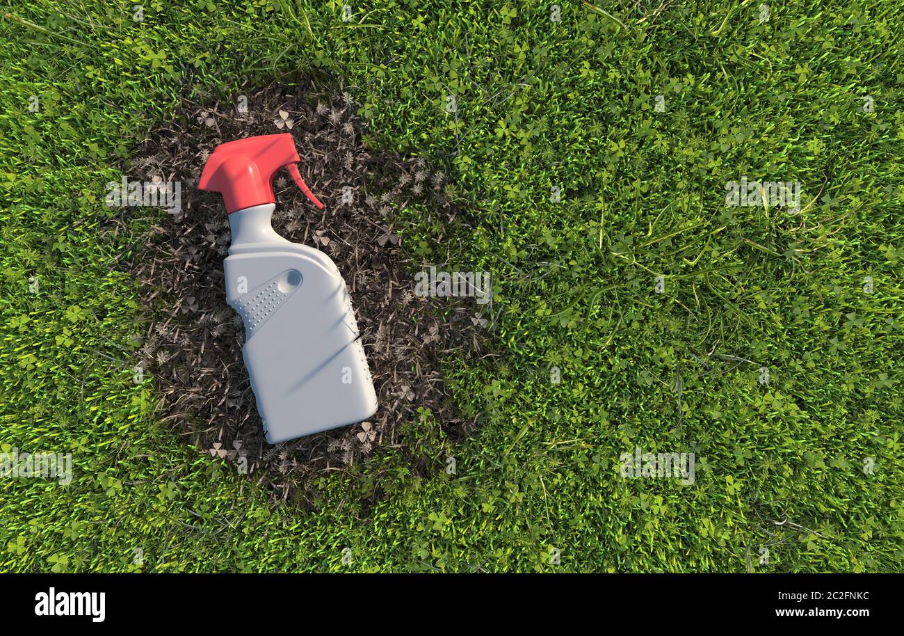 A used plastic bottle lies on wilted grass, polluting the soil and destroying plants. Environmental pollution by toxic waste. Conceptual creative illu Stock Photo