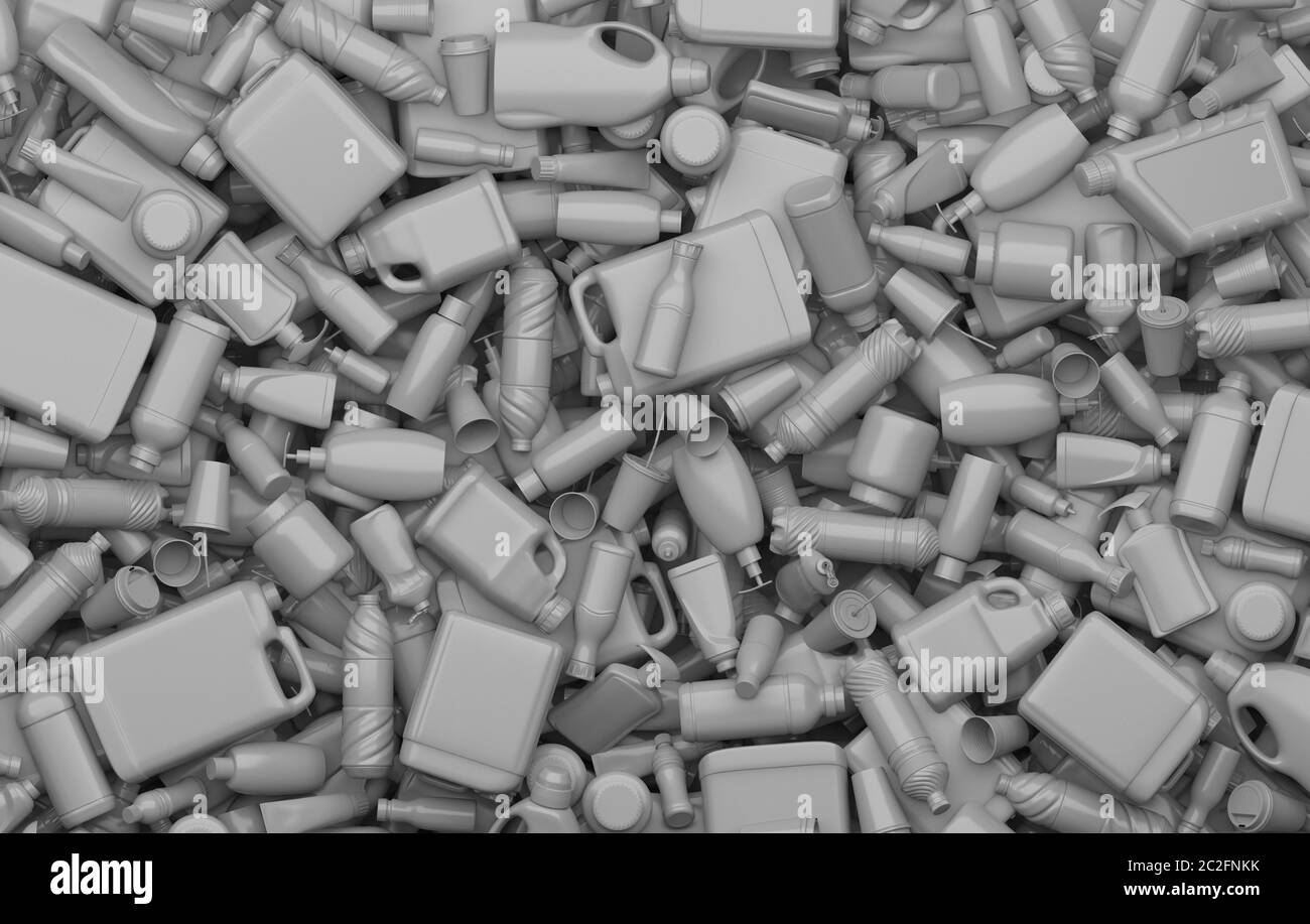 Rubbish dump of used containers and plastic bottles painted in gray on a gray background. Creative conceptual composition on the topic of sorting and Stock Photo