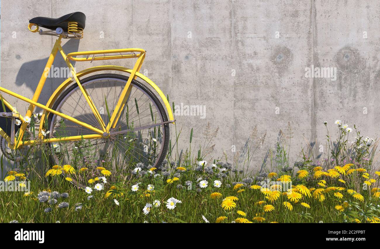 Old vintage yellow bicycle stands near concrete wall with grass, overgrown with weeds and wildflowers on a summer sunny day. Illustration with copy sp Stock Photo