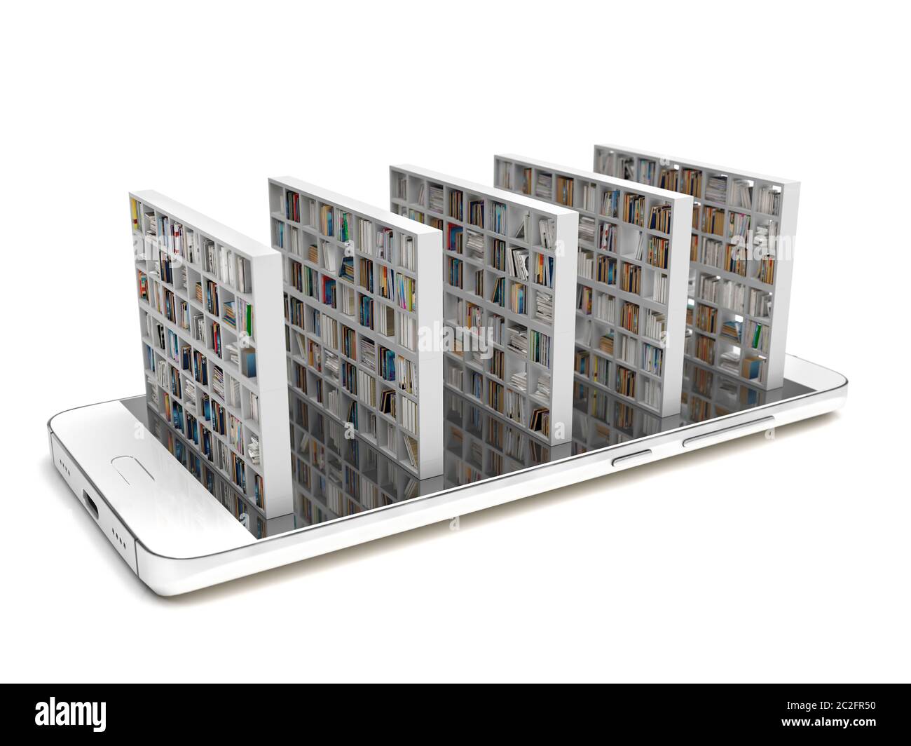 Bookcase with books on a smartphone screen isolated on a white background. Electronic library in a mobile phone. Distance education and self-study. Bo Stock Photo