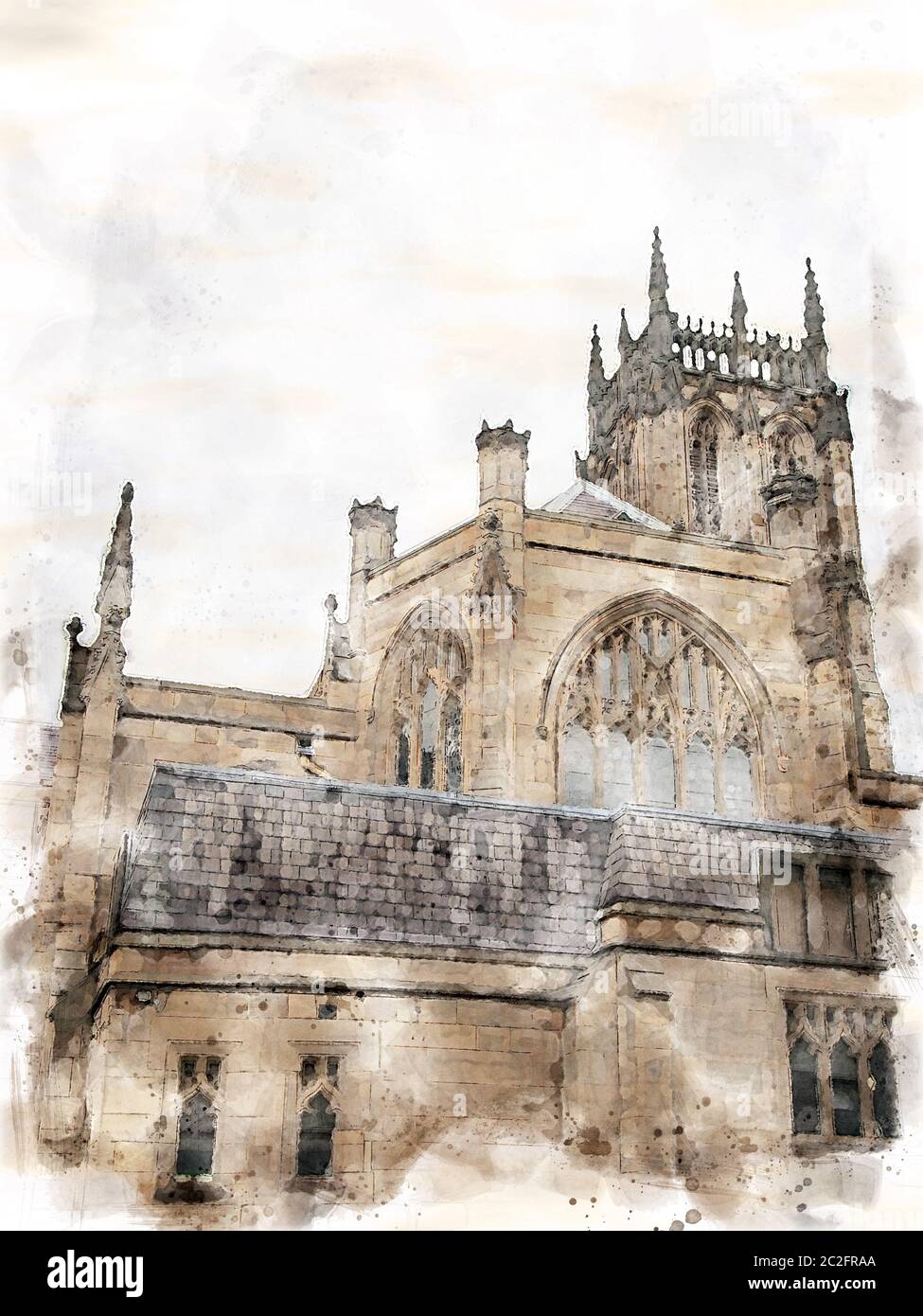 a watercolor painting side view of leeds minster with tower Stock Photo