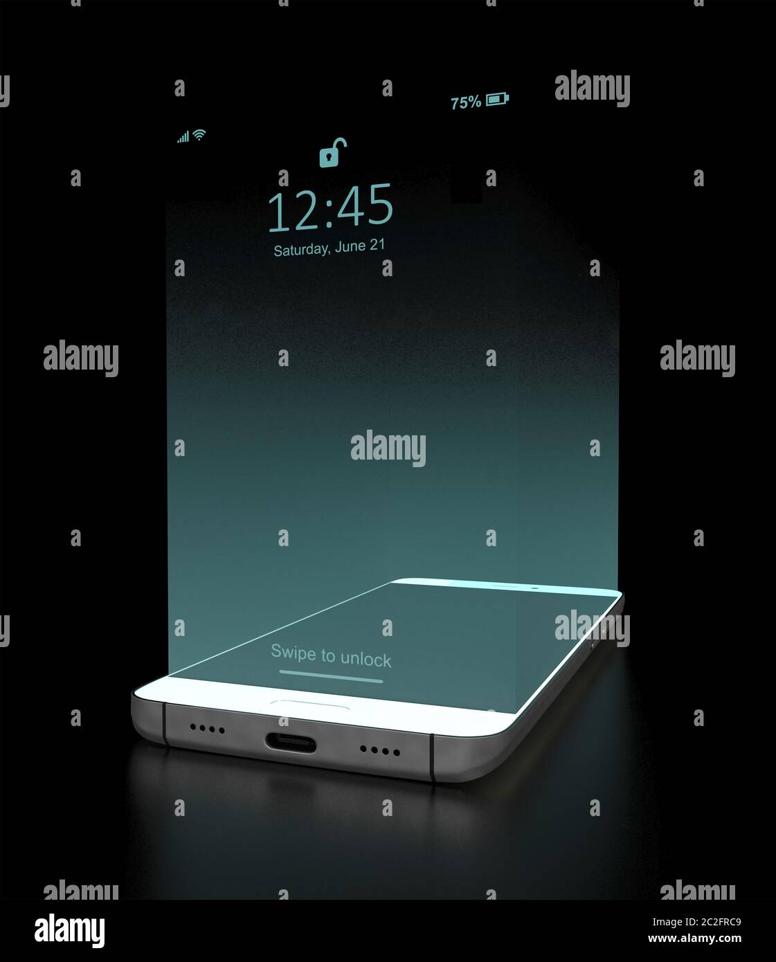 The smartphone screen is projected in three-dimensional virtual hologram. Mock up with a blue glowing screen on black background. Future technologies. Stock Photo