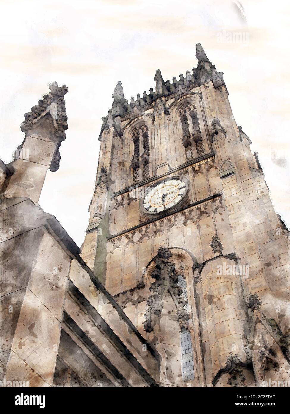 a watercolor painting of the tower and clock of leeds minster formerly the city parish church Stock Photo