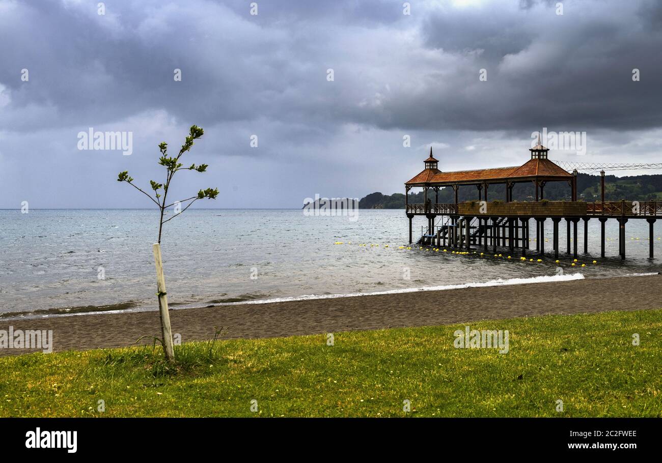 Alone on the pier in Chilean city of Frutillar Stock Photo