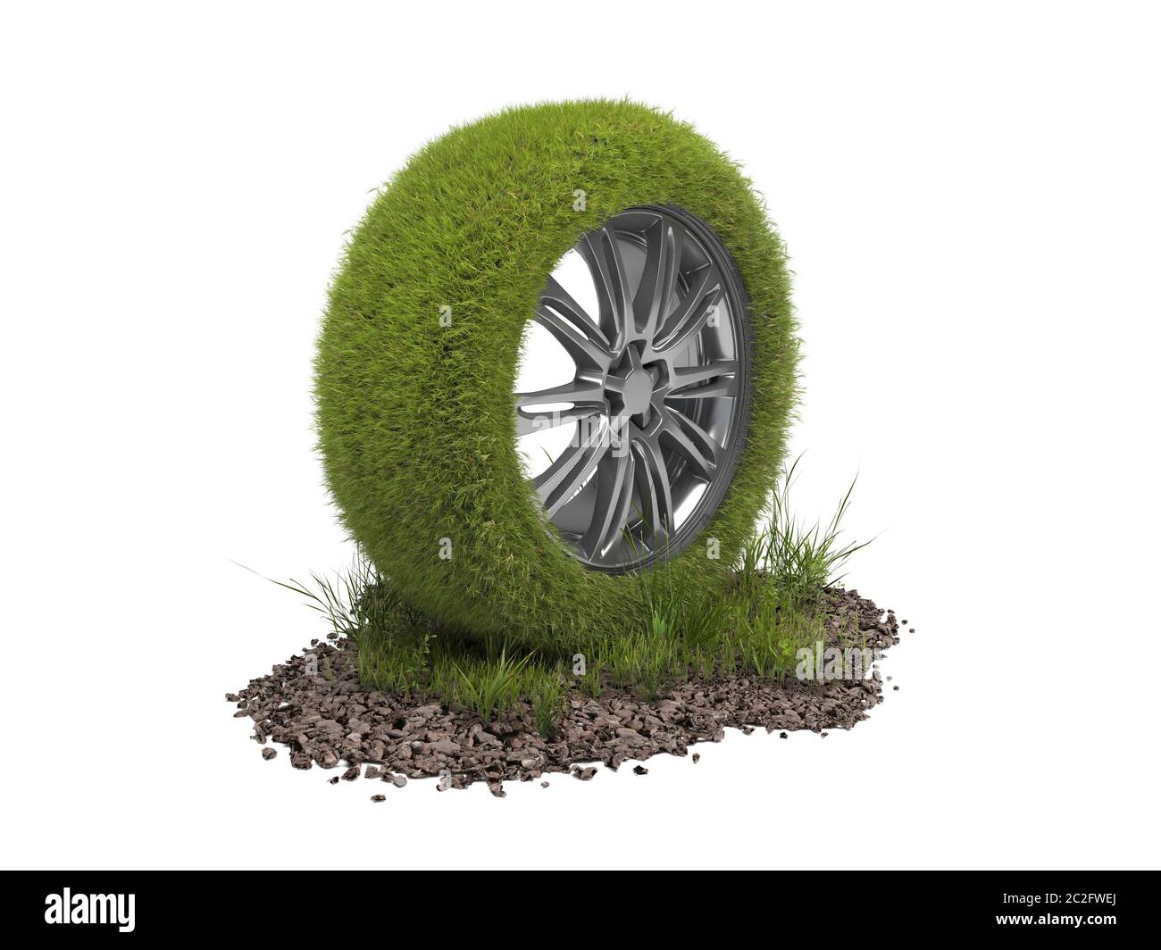 Car wheel covered with green grass isolated on a white background. Creative conceptual illustration of environmentally friendly transport. Eco-friendl Stock Photo