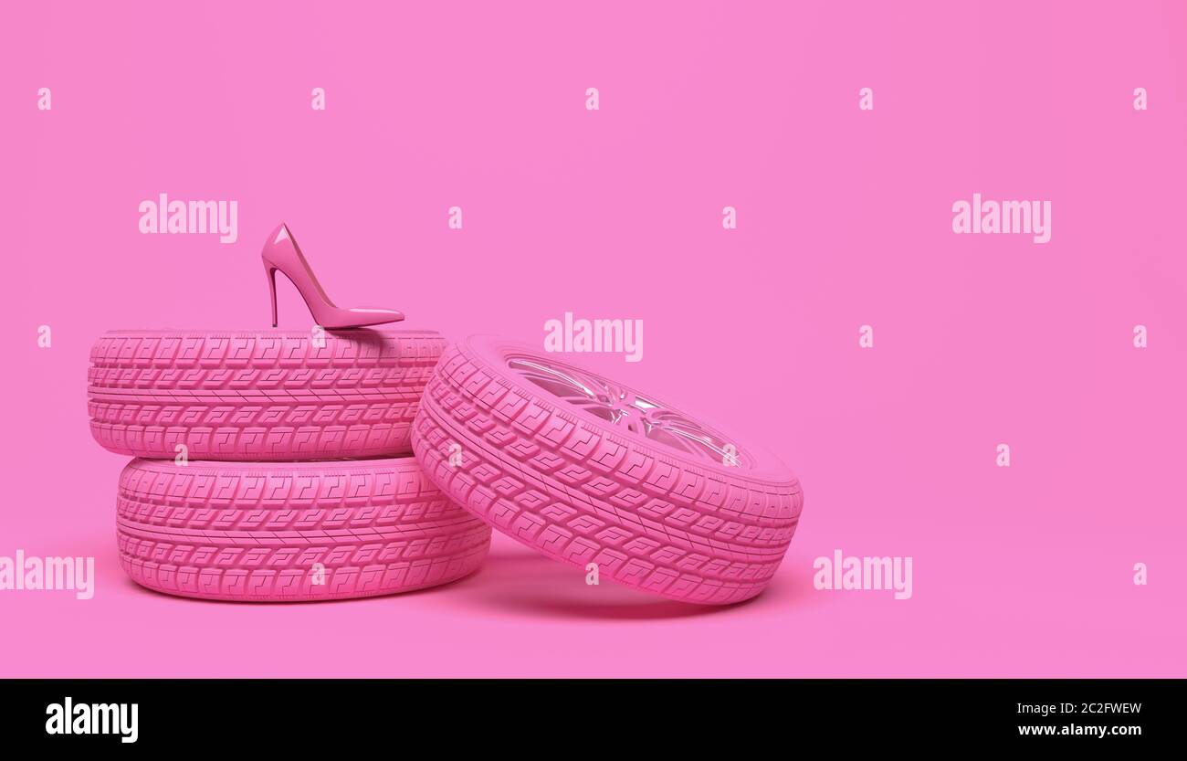 Pink car wheel and pink women's shoe on a pink background. Creative conceptual illustration in a glamorous girlish style. Copy space for text or logo. Stock Photo