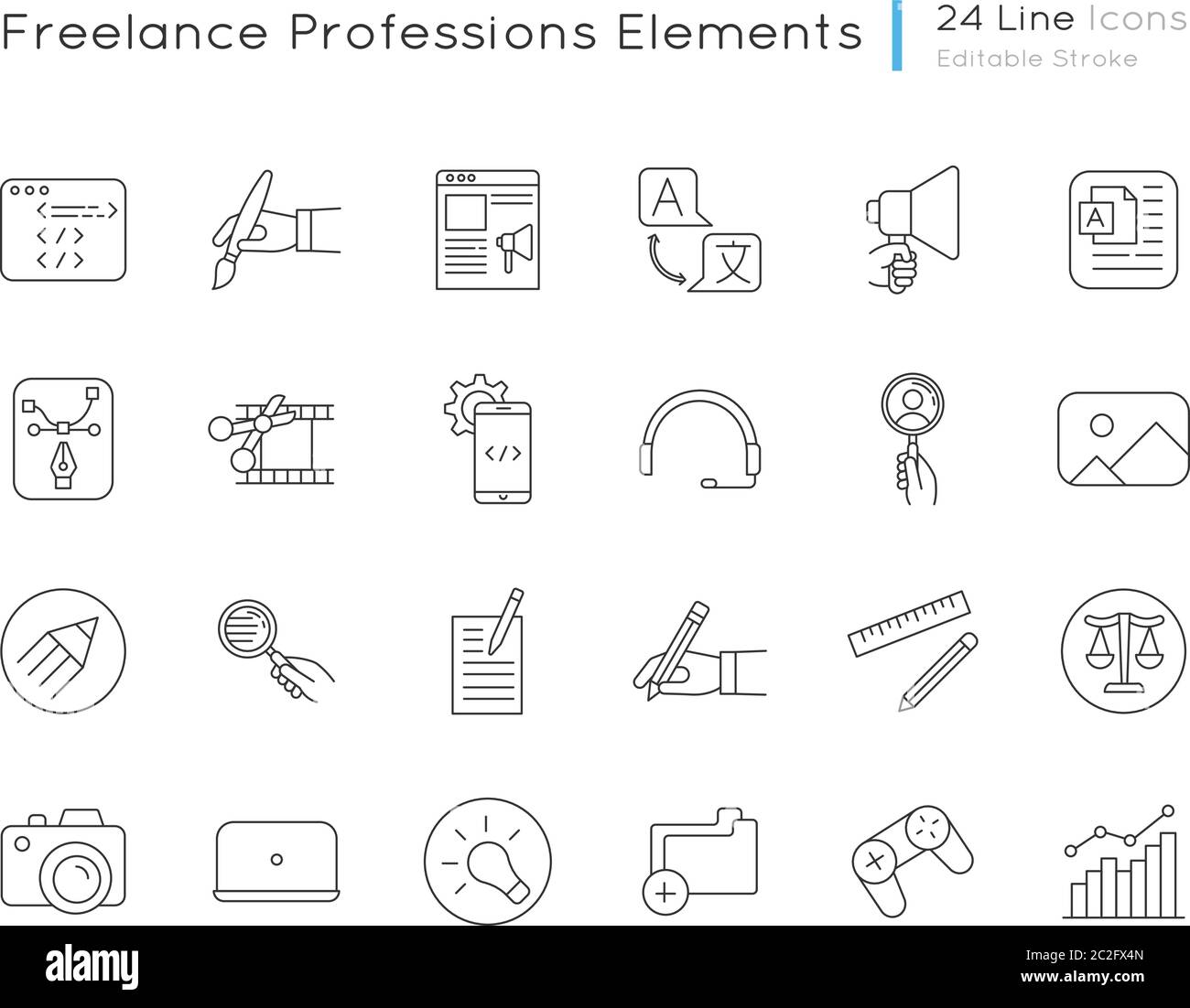 Freelance professions elements pixel perfect linear icons set Stock Vector