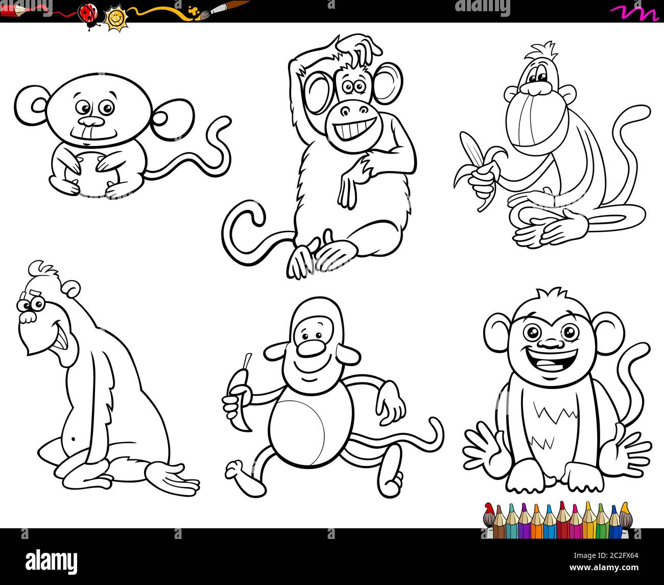 set of monkeys animal characters coloring book Stock Photo - Alamy