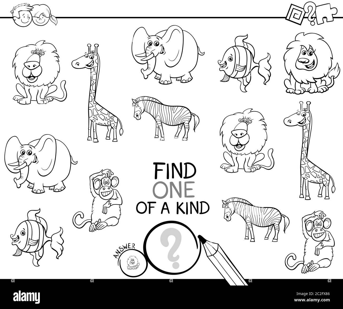 One Of A Kind Game With Wild Animals Color Book Stock Photo Alamy