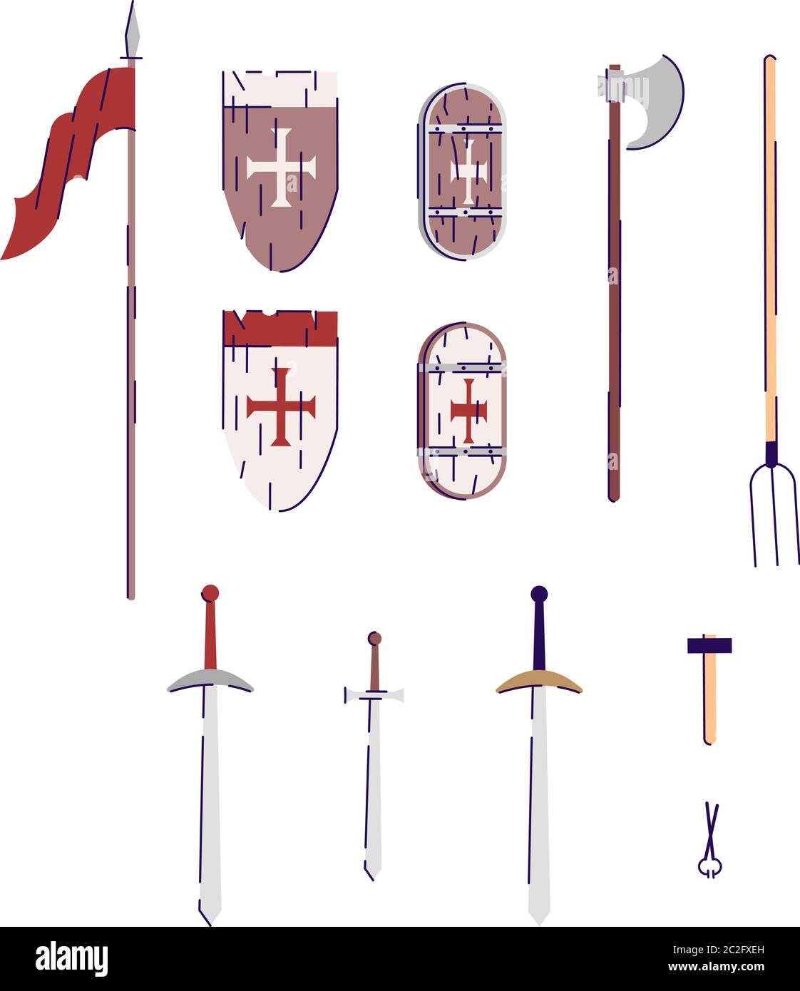 Medieval weapons and tools semi flat RGB color vector illustration set Stock Vector