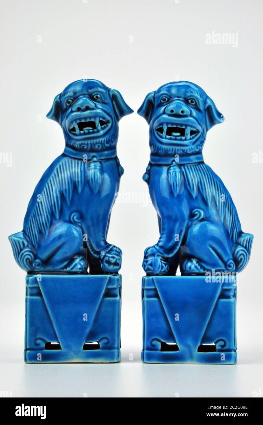 20th Century Turquoise Porcelain Chinese Foo Dog Figurines Stock Photo