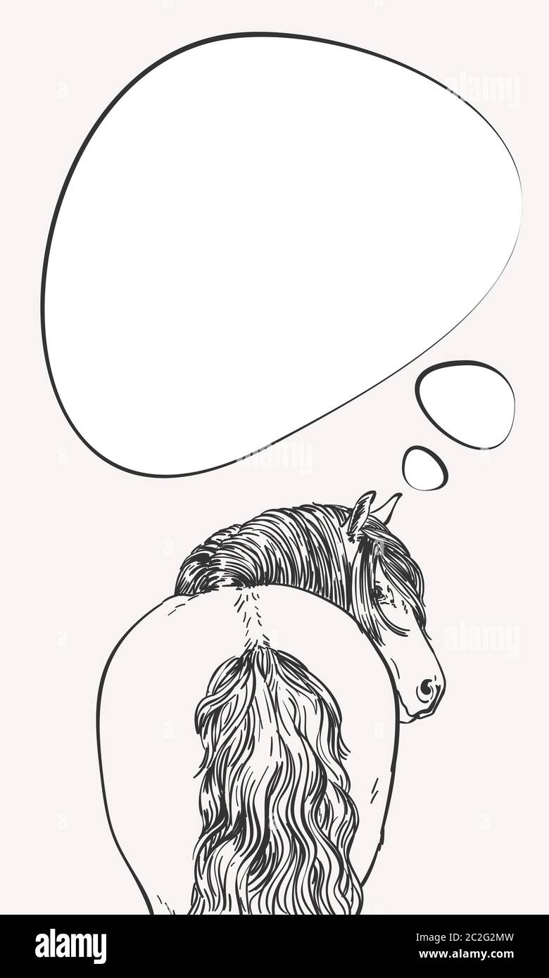 Thinking horse with long mane looks back, View from back with thought ...