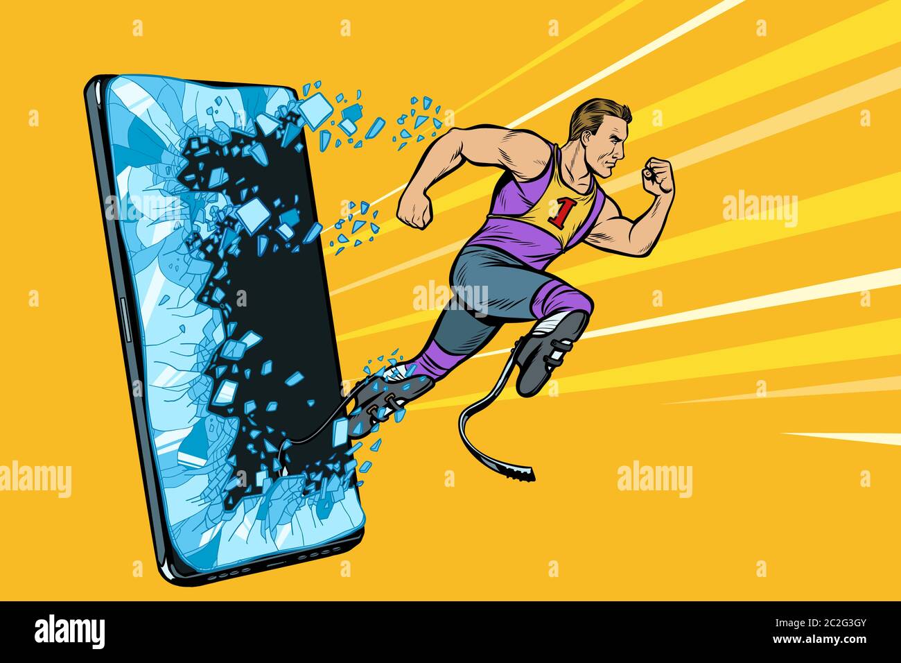 Legless Male Athlete Running With A Prosthetic Phone Gadget Smartphone 