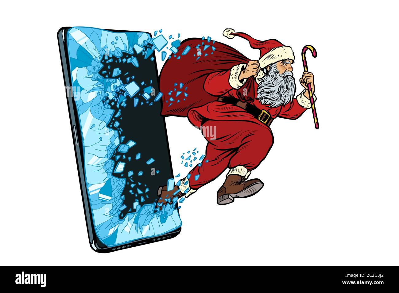 Christmas online sales concept. Santa Claus comes out of the smartphone ...