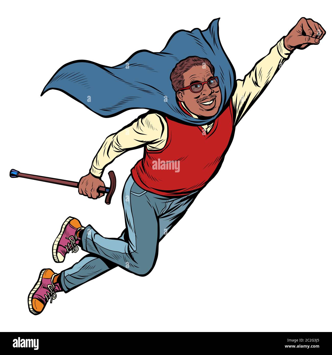 african man retired superhero. Health and longevity of older people. Pop art retro vector illustration drawing vintage kitsch Stock Photo
