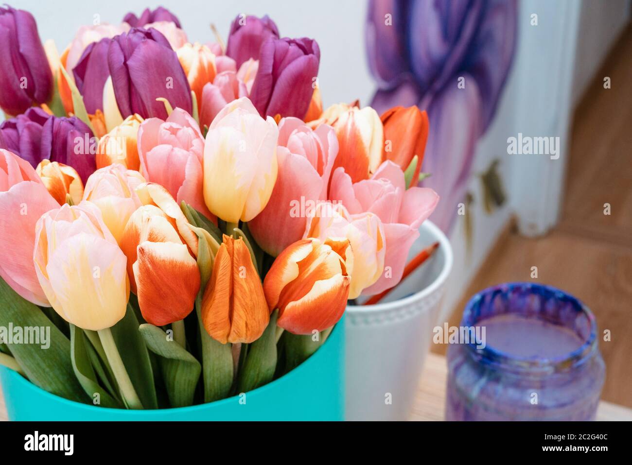Flowers Floristics Bouquet of colorful tulips. Close up Stock Photo - Alamy